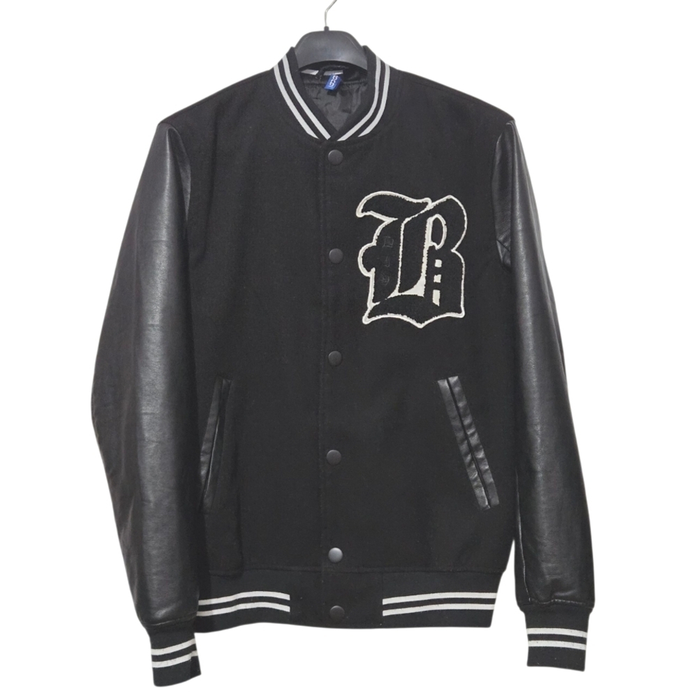 H&M Black Varsity Jacket with FAUX Leather Sleeves WOMENS size Medium